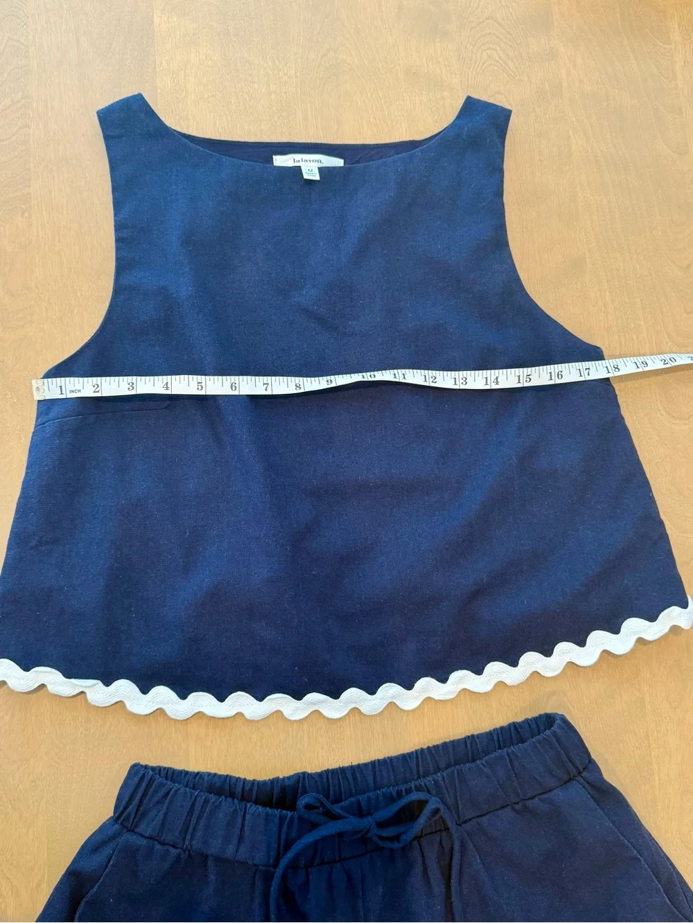 Lalavon Medium Navy Blue Linen Blend Scallop-Trim Sleeveless Top & Short Set
